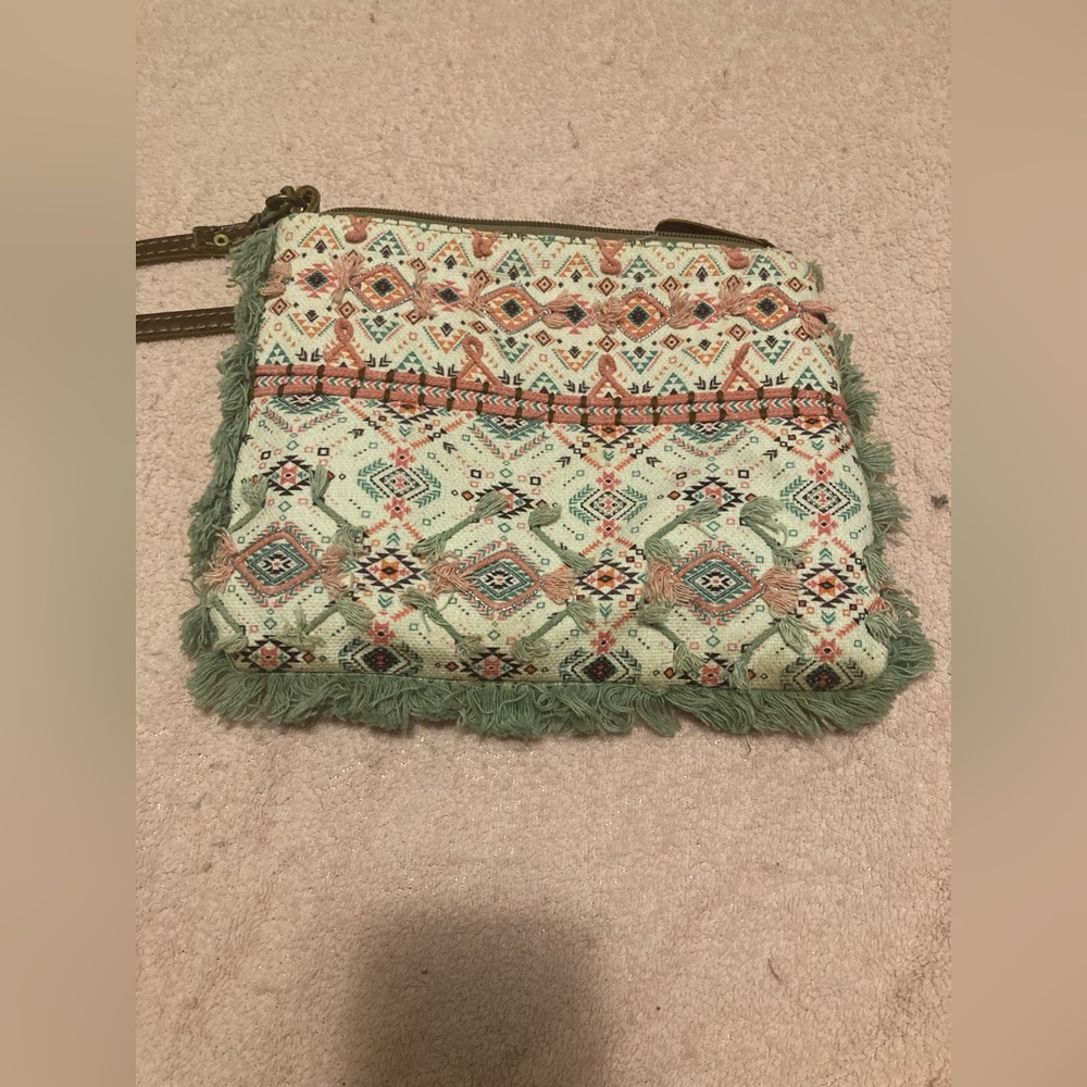 myra medium green crossbody bag w/ colorful details & brown zipper